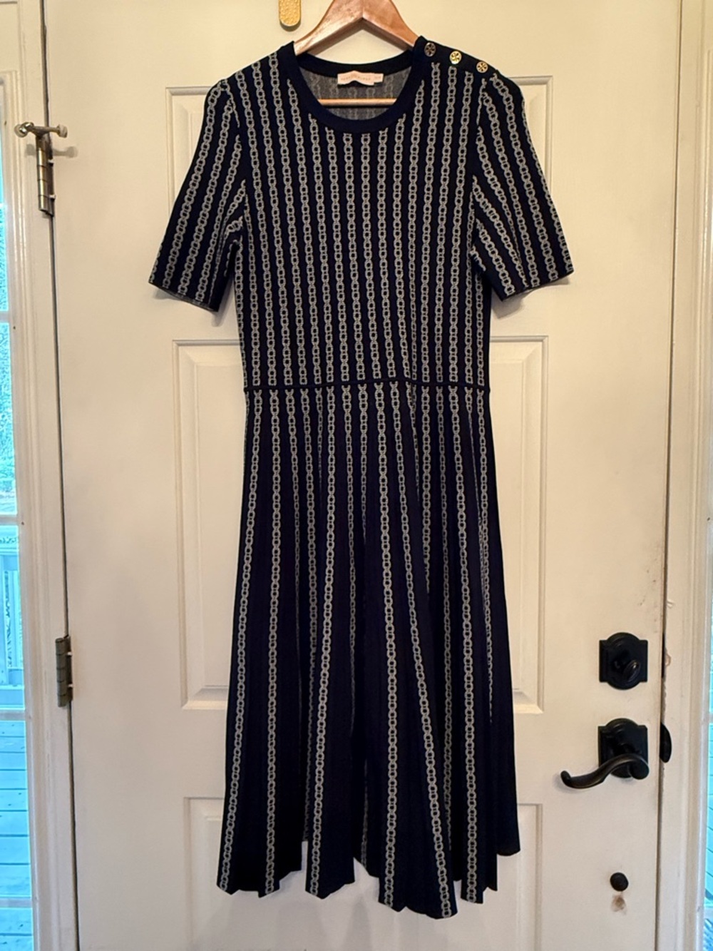 Tory Burch Navy Knit Midi Dress with White Chain-Print